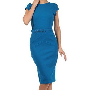 Blue Belted Cap-Sleeve Dress | Va Va Voom | Size L